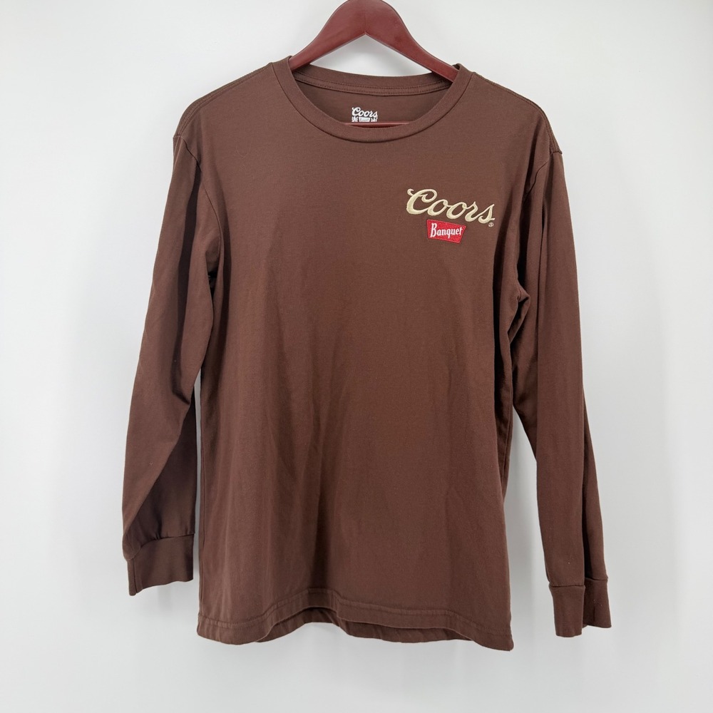 Coors Banquet Men's Medium Long Sleeve T-Shirt Brown Western Cowboy Graphic Beer